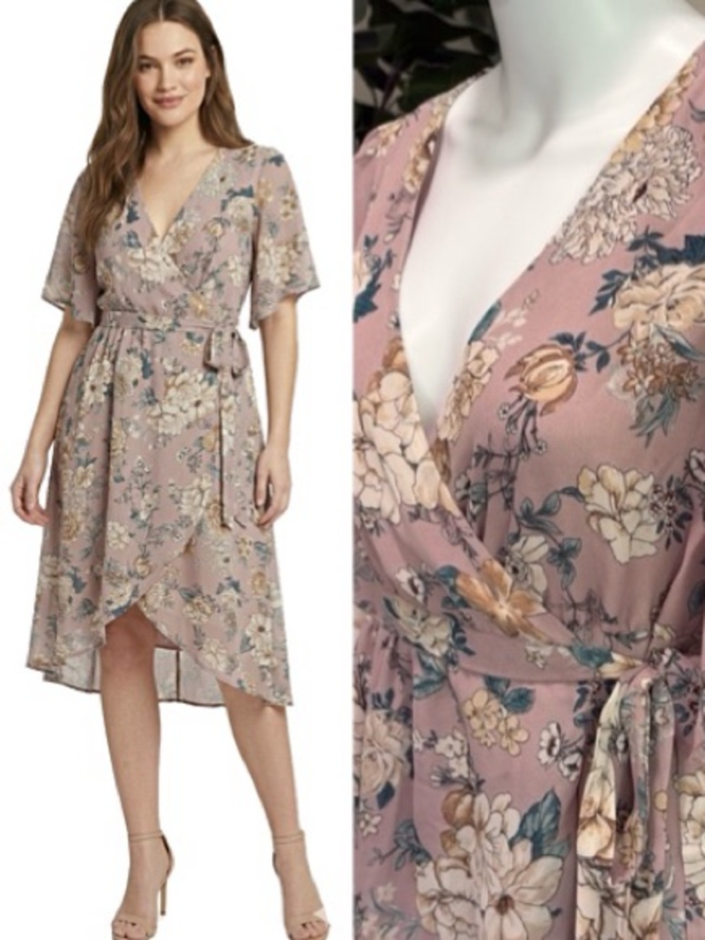 Chelsea28 Flutter Sleeve Wrap Dress Size XXS Sheer Pastel Pink Floral Hi-Lo Hem